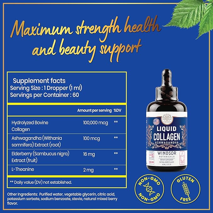 WINDSOR BOTANICALS Liquid Collagen Ashwagandha and Melatonin Liquid - Sleep, Calm & Beauty Support Bundle