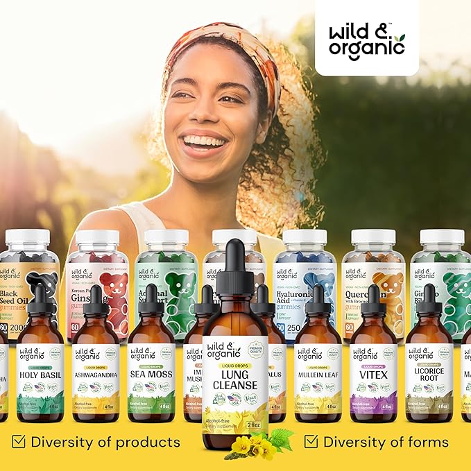 Wild & Organic Lung Cleanse Tincture - Mullein Leaf Extract for Lungs - Herbal Lung Detox Drops - Lung Health Supplements - Vegan, Alcohol Free Drops - 2 fl oz