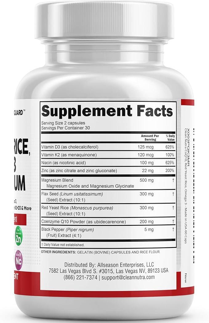 Clean Nutraceuticals COQ10 Red Yeast Rice Omega 3 Magnesium Complex Niacin Zinc Vitamin K2 D3 - Heart Support Vitamins for Women & Men w/Vitamin B3, Coenzyme Q10-60 Ct