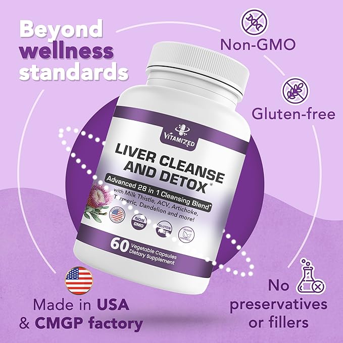Liver Cleanse Detox & Repair Fatty Liver Supplements 28-in-1 Advanced Herbal Liver Health Supplement Formula - Milk Thistle Silymarin, Artichoke Extract, Dandelion & Apple Cider Vinegar - 60 Pills