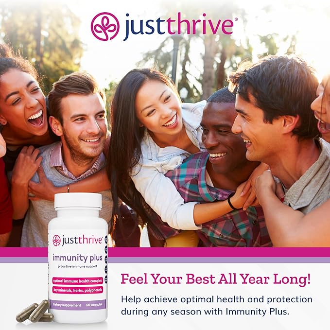 Just Thrive Immunity Plus - Vegan Gut Health and Immune Support Supplement for Kids and Adults, 60 Capsules