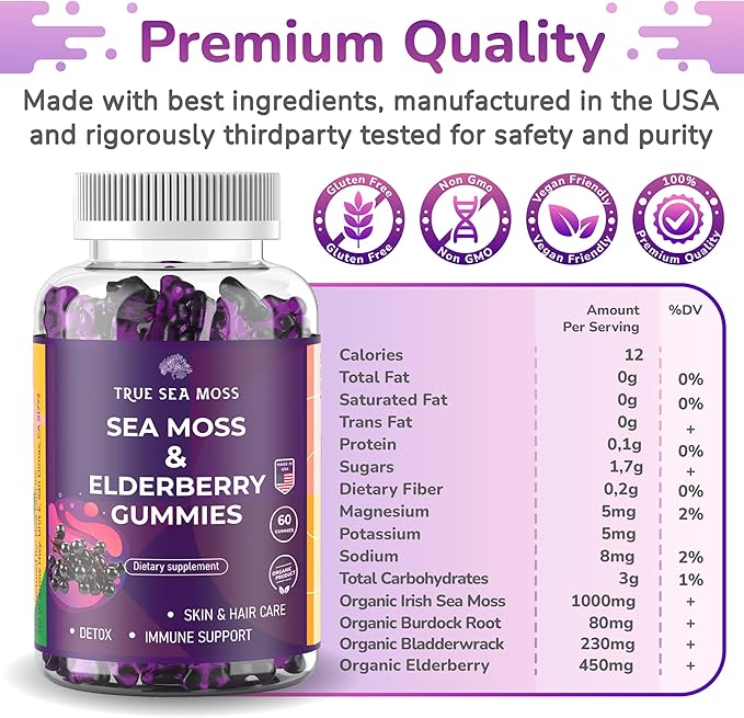 Sea Moss Elderberry Gummies with Magnesium, Burdock Root and Bladderwrack - Immune Support for Kids and Adults 60pcs - Bag Pack of 1