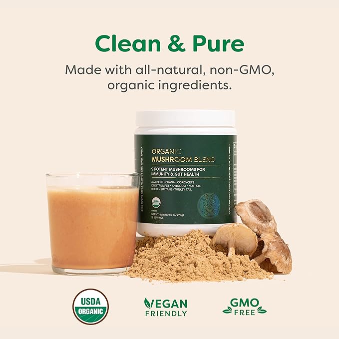 Global Healing Organic Mushroom Powder Supplement Blend 9.5 Ounces - Cordyceps, Chaga, Reishi, Turkey Tail Mushroom for Immune and Gut Health - Nootropic Focus Supplement Superfood