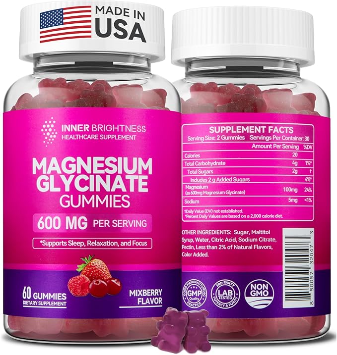 Magnesium Glycinate Gummies 600mg, Non-GMO, Gluten-Free, Magnesium Gummies for Adults & Kids, Sleep, Relaxation & Focus, Mixed Berry Flavor, 60 Count