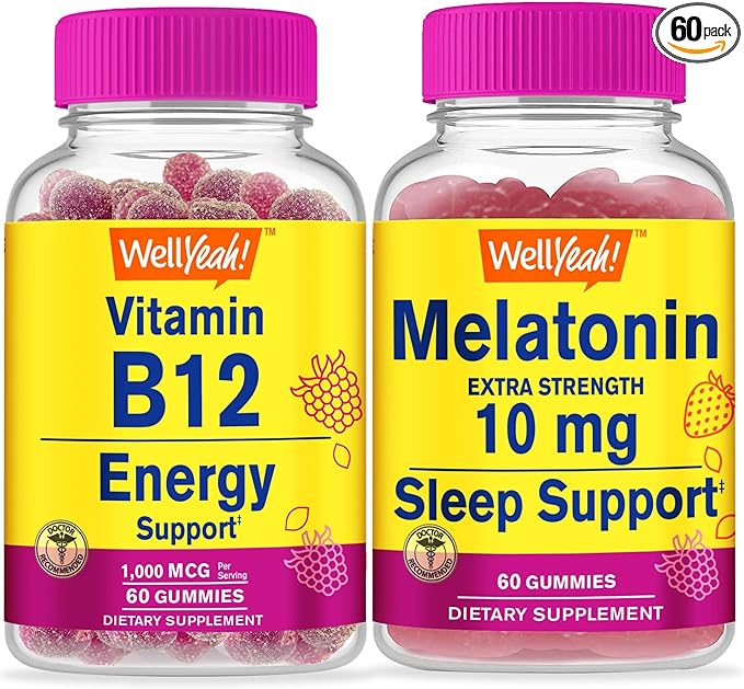 Vitamin B12 1000mcg + Melatonin 10mg, Gummies Bundle - Great Tasting, Vitamin Supplement, Gluten Free, GMO Free, Chewable Gummy
