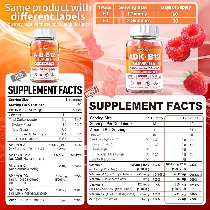 Sugar-Free ADK+Vitamin B12 Gummies - Vitamin D3 K2 10,000IU/ 5000IU, B12 5000mcg 2500mcg, K2 (MK-7) 240mcg, Multivitamin Adults-Vitamin A,Vegan Vitamin D,Methyl B12,C,Zinc-Eye,Bone,Energy,Nerve,Immune