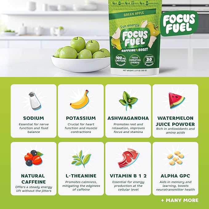 Energy Chews – Green Apple Flavor (15 Servings) – 100mg Caffeine + B12, Magnesium, Alpha GPC – Boost Focus & Energy – No Crash or Jitters