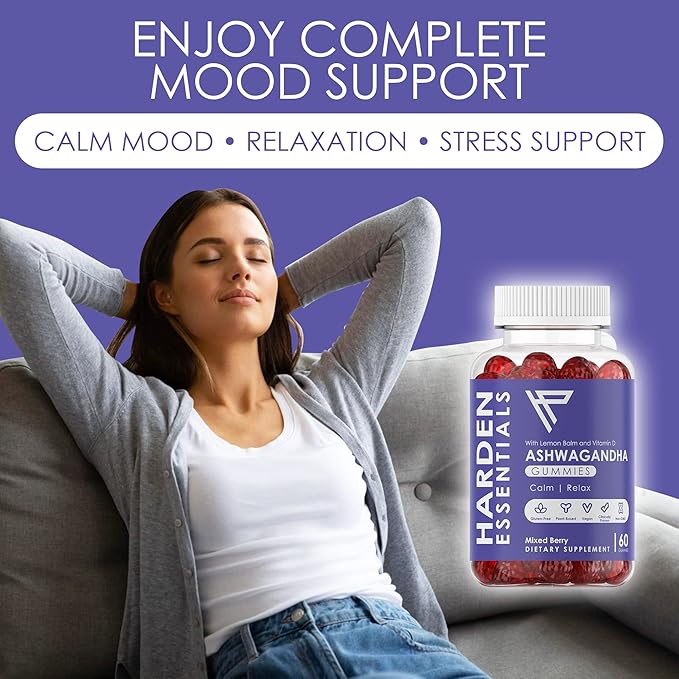 KSM-66 Ashwagandha Gummies w/Lemon Balm & Vitamin D (Max Strength 750mg per Gummy) - Herbal Vegan & Gluten Free - Calm Mood Relaxation - Support Stress - Gummies for Adults Kids Women Men (60 Count)