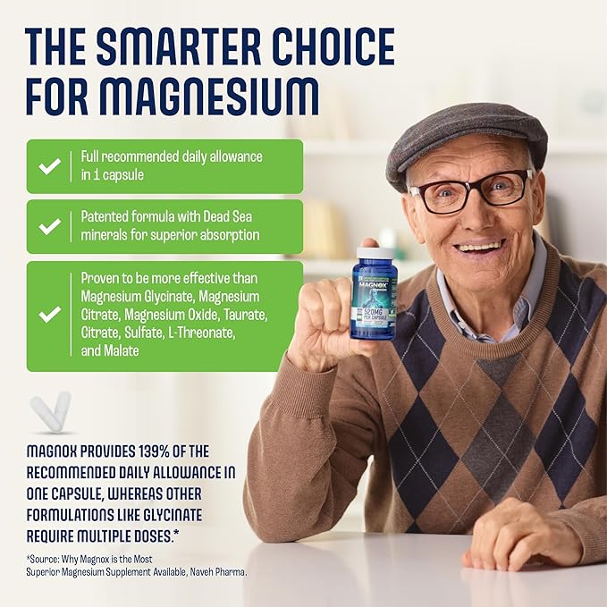MAGNOX® 520 | Magnesium Supplement 520mg of High Absorption Magnesium for Men & Women with Dead Sea Minerals | 3X More Absorption | Patented Formula | Fast Sleep & Muscle Pain Relief (60 Vegan Caps)