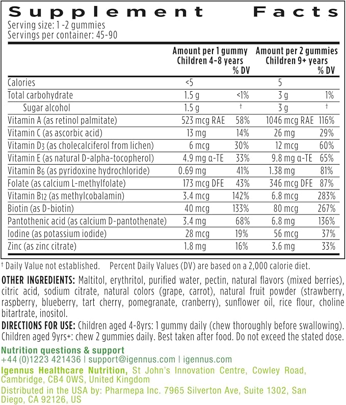 Igennus Methylated Kids Multivitamin Gummy, MTHFR Supplement with B-Vitamins & Vitamin D, No Artificial Sweeteners or Flavors, Sugar Free, Age 4+, 90 Berry Gummies, Non-GMO, Halal, Clean Label