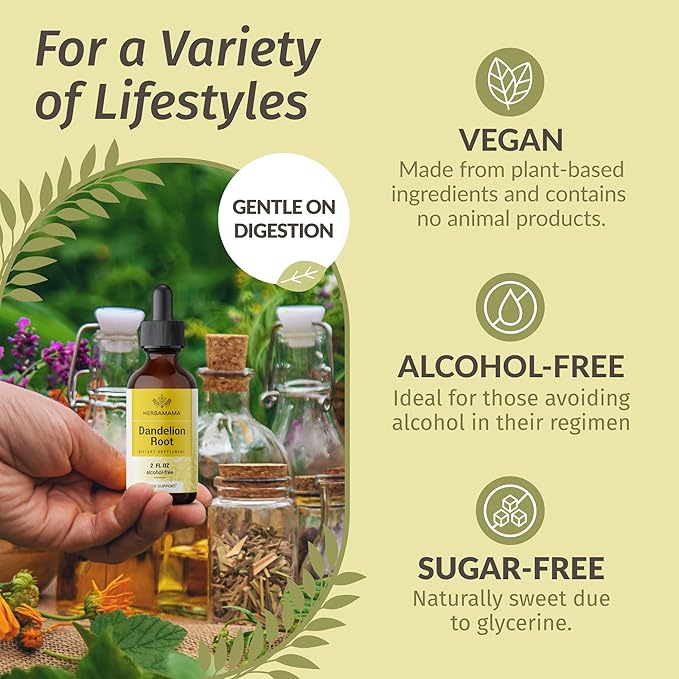 HERBAMAMA Dandelion Root Extract - Dandelion Tincture Vegan Liver Support Supplements - Dandelion Root Liver and Kidney Detox Drops - Alcohol & Sugar-Free, 28-Day Supply
