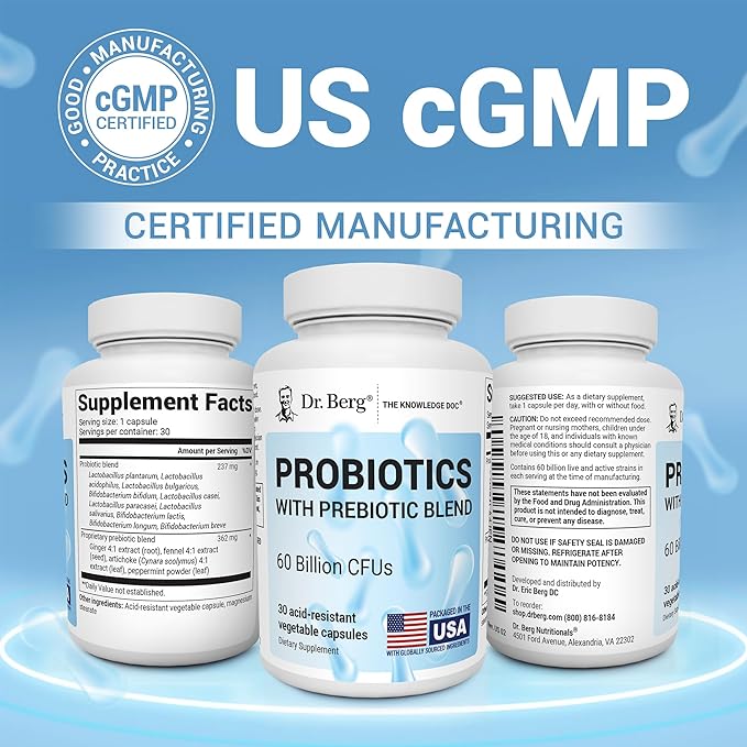 Dr. Berg Probiotic Supplement (60 Billion CFUs) - Helps Ease Occasional Constipation, Diarrhea, Gas & Bloating* - Pre and Probiotics for Digestive Health - 30 Probiotic Capsules