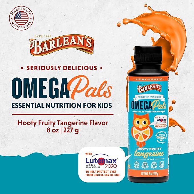 Barlean's Omega Pals Eye Health Liquid, Tangerine Flavored Omega 3 for Kids, Fish Oil Supplement with 500 mg of EPA & DHA Plus Lutein & Zeaxanthin Vitamins for Blue Light Support, 8 oz