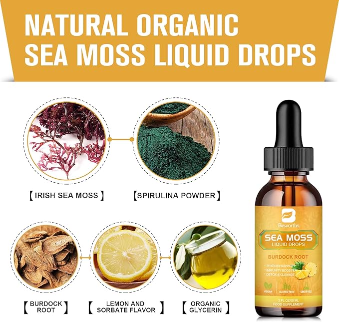 Sea Moss Liquid Drops - Organic Irish Sea Moss Gel with Spirulina, Bladderwrack, Burdock Root, Seamoss Gel Supplement for Immune, Joint, Detox Cleanse & Digestion Support - 2 Fl Oz, Vegan