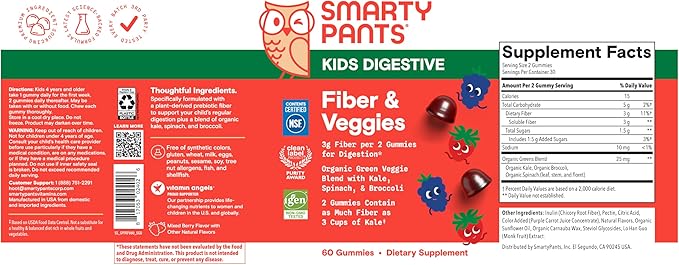 SmartyPants Kids Fiber & Veggies: Prebiotic Fiber Gummies for Kids, Fiber Supplement with Inulin, Organic Green Veggie Blend, Vegan, Gluten Free, Mixed Berry Flavor, 60 Count (30 Day Supply)