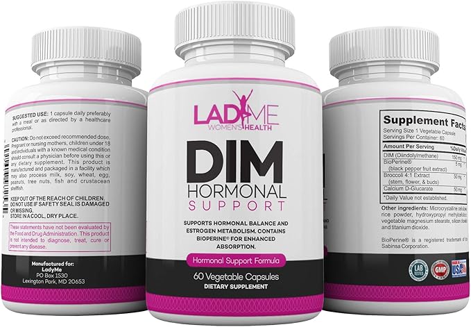 DIM Complex 150mg Hormonal Support Menopause Relief Supplement for Hot Flashes & Hormonal Acne Relief Bioperine, Broccoli & Calcium Estrogen Metabolism Balancing Pills for Women 60 Capsules by LadyMe