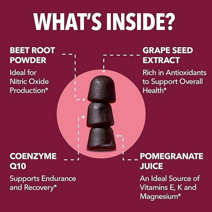 Beet Root Gummies with COQ10 & Pomegranate - Nitric Oxide Supplement for Men and Women - Endurance, Performance, Recovery - Vegan, Non-GMO, Gluten Free - Mixed Berry Flavor, 30 Count, 15-Day Supply