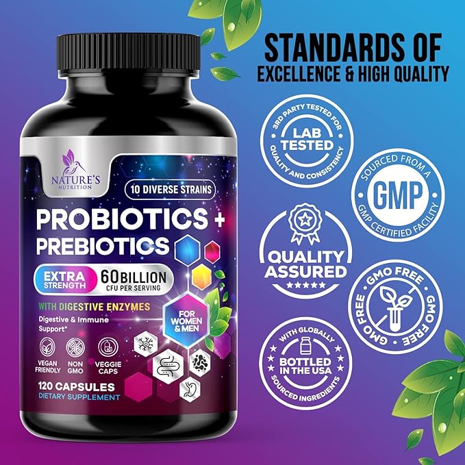 Daily Probiotic and Acidophilus Supplement 60 Billion CFU 10 Strains Capsule for Women & Men - Digestive Gut & Immune Health Support - Supports Occasional Constipation, Gas & Bloating - 120 Capsules