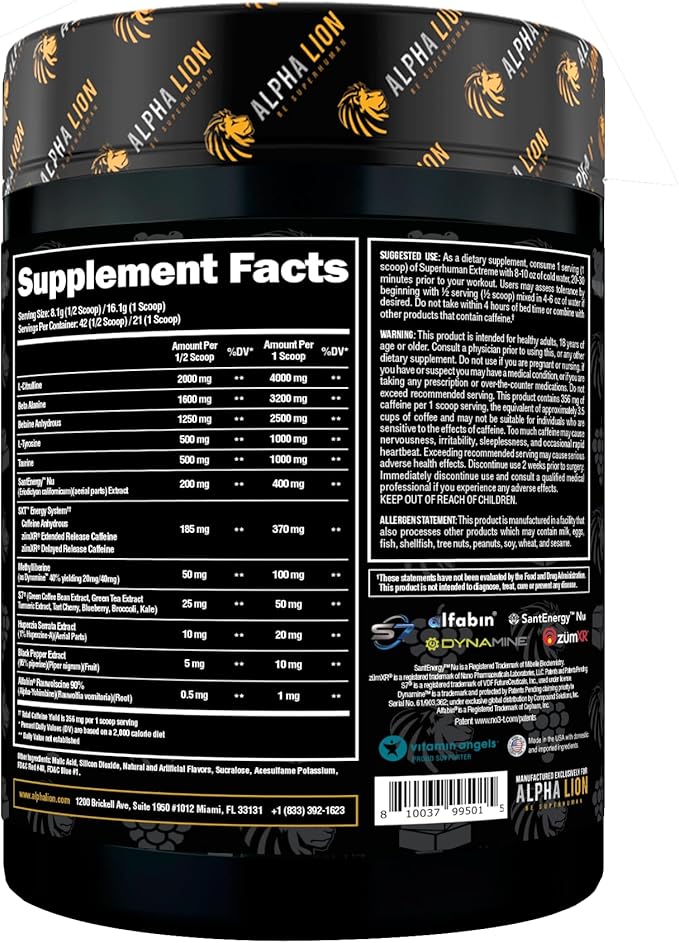 ALPHA LION Superhuman Extreme High Stim Pre Workout Powder, Beta Alanine, L-Taurine & 356mg Tri-Source Caffeine for Sustained Energy, Nitric Oxide & Citrulline for Pump (21 Servings, Grape Flavor)
