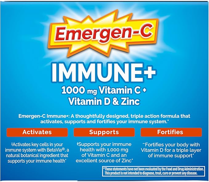 Emergen-C Immune+ Triple Action Immune Support Powder, BetaVia (R), 1000mg Vitamin C, B Vitamins, Vitamin D and Antioxidants, Super Orange – 50 Count
