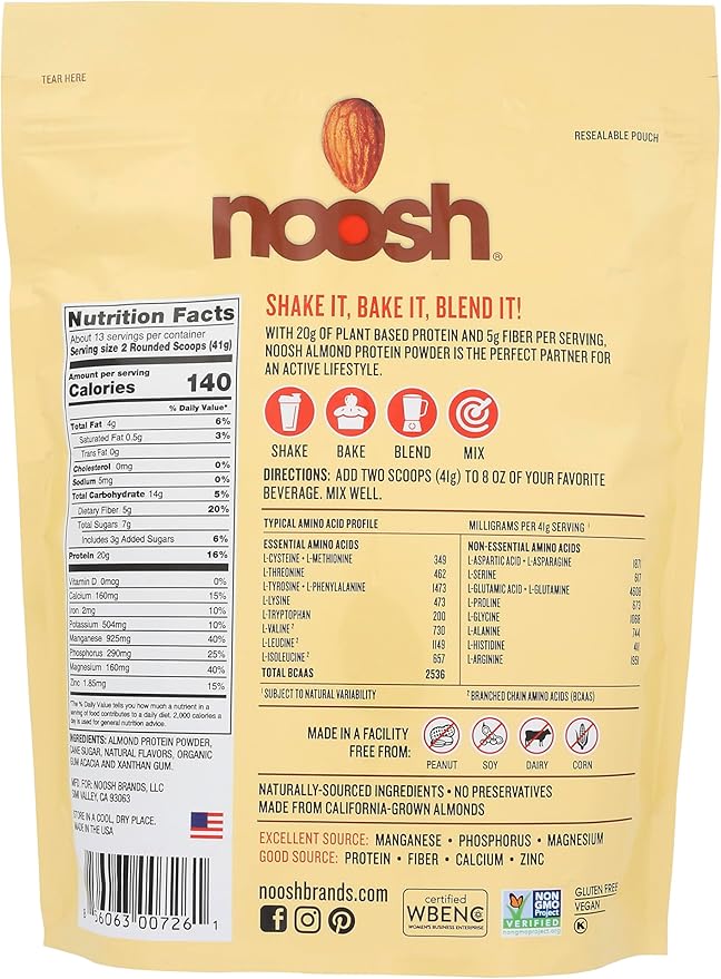 NOOSH Plant Based Almond Protein Powder Vanilla 35 Gram - Vegan, All Natural Ingredients, Non-GMO, Gluten Free, Kosher, Peanut Free, Soy Free, Dairy Free (Vanilla)