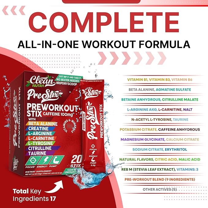 Clean Nutra Pre Workout Powder – Creatine Monohydrate, Caffeine, Citrulline Malate, Beta Alanine, L Carnitine, Taurine, Tyrosine, Electrolytes, Focus, Pump, Energy – 20 Powder Stix