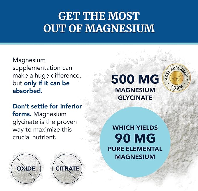 Magnesium Glycinate 500mg | Chelated for High Absorption | Muscle Relaxation, Bones, Heart, Nerve, Sleep & Calm Support for Women & Men | Magnesium Chelate Supplement & Bisglycinate Complex | 60ct