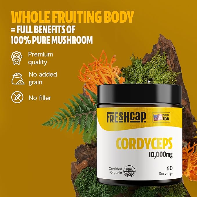 FreshCap Cordyceps Mushroom Powder 10,000mg - Cordyceps Powder, Cordyceps Mushroom Supplement Powder, Mushroom Extract Immunity Supplement, Ayurveda Nootropic Mushroom Supplements (60 Servings)