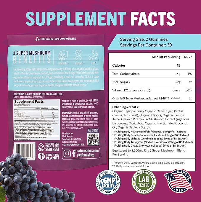 Mushie 100% Organic 5 Super Mushroom Complex Gummies - 2000mg Reishi, Turkey Tail, Maitake, Chaga & Shiitake Blend - Gut Health & Immune Support with Vitamin D - Vegan, Gluten-Free - 60 Count