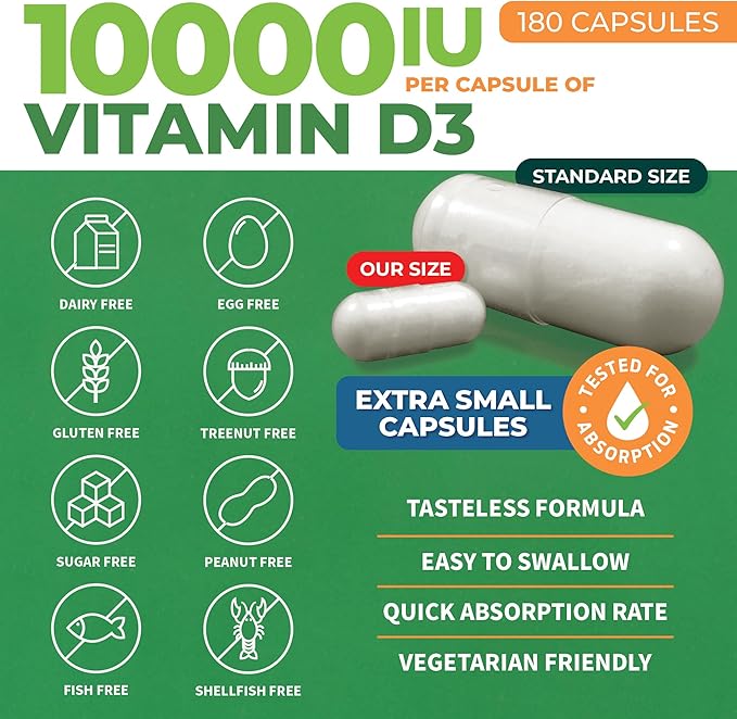 ForestLeaf Vitamin D3 10,000 IU | VIT D - VIT D3 Vitamin D Supplements for Women and Men | Bone Health, Teeth and Immune Support | Easy to Swallow Pills | High Potency Daily, 6-Month Supply, 180 Caps