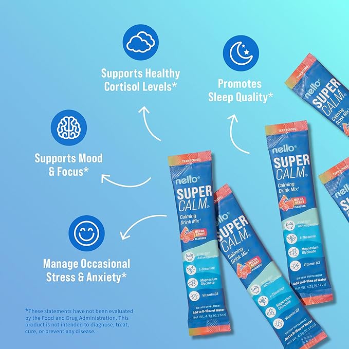 Supercalm Drink Mix - Ashwagandha KSM 66, Magnesium Glycinate & L-Theanine Supplement - Ashwagandha Root Extract - Focus and Relaxation Support (20 Travel Packets) - Melon Berry