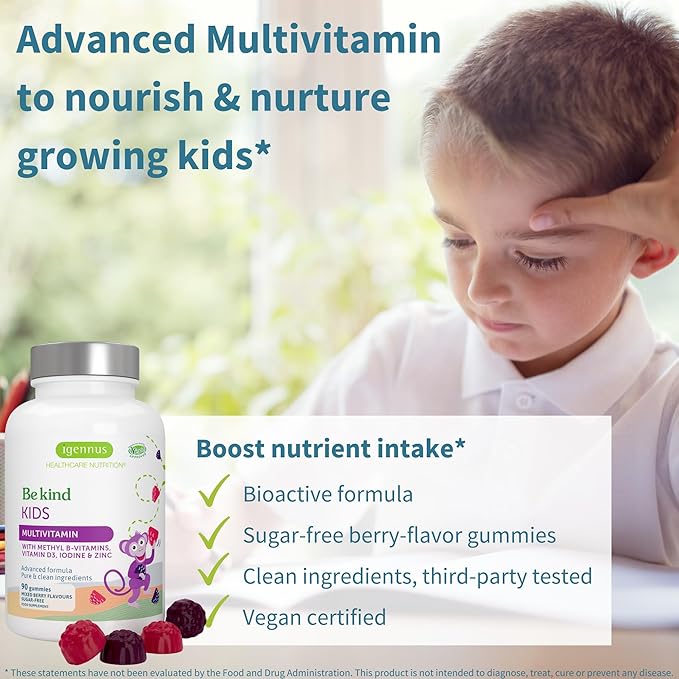 Igennus Methylated Kids Multivitamin Gummy, MTHFR Supplement with B-Vitamins & Vitamin D, No Artificial Sweeteners or Flavors, Sugar Free, Age 4+, 90 Berry Gummies, Non-GMO, Halal, Clean Label