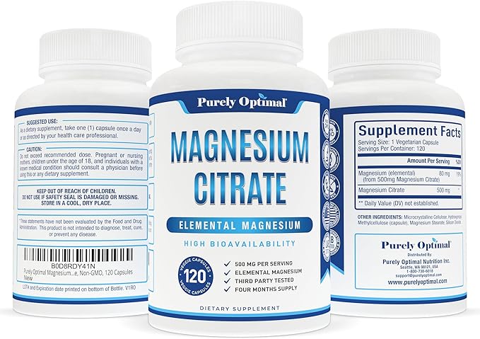 Purely Optimal Magnesium Citrate 500mg - Citrato de Magnesio, Supplement for Sleep, Heart, Nerves, Muscles - Gluten-Free, Non-GMO, 120 Capsules