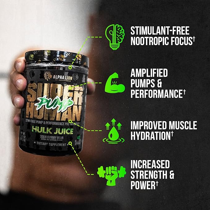 ALPHA LION Superhuman Pump Pre Workout Powder, Nootropic Caffeine & Stim Free Preworkout Supplement, Nitric Oxide Booster, Muscle Gainer, Energy & Focus (42 Servings, Hulk Juice Flavor)