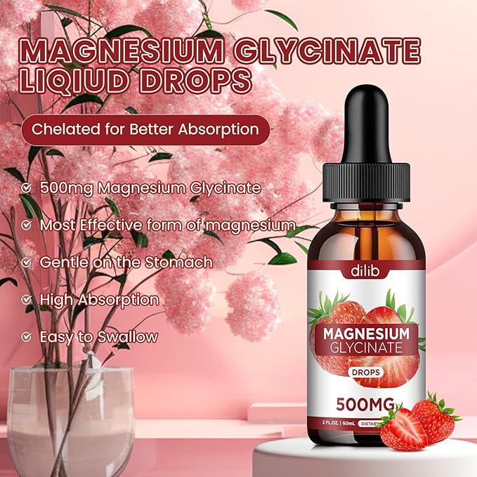 Magnesium Glycinate Supplement, Liquid Magnesium Glycinate Liquid Drops 500mg-Support Stress Relief, Relaxation, Mood, Sleep, Bone & Muscle-2 Fl Oz, Vegan, Strawberry Flavor