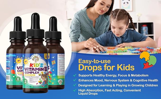 Autistic UpBeat: Kid's Vitamin B Complex | Kid-Friendly Drops | Unlfavored | B1, B2, B3, B6, B7, B9 & Methyl B12 | Brain Function, Focus, Metabolism | Kids B Complex Liquid Drops Supplement