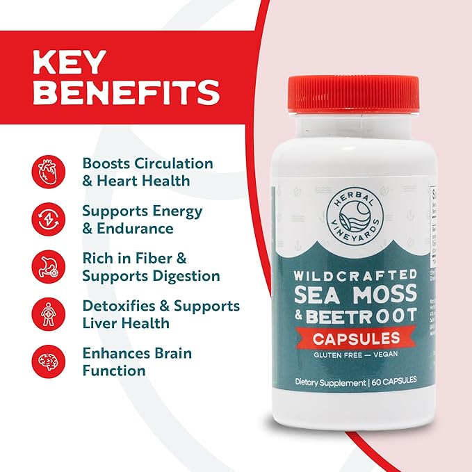Herbal Vineyards Organic Wildcrafted Sea Moss and Beetroot 60 Capsules | Immune Support, Digestive Health & Improved Energy | Vegan Friendly | Non-GMO | Ethically Sourced