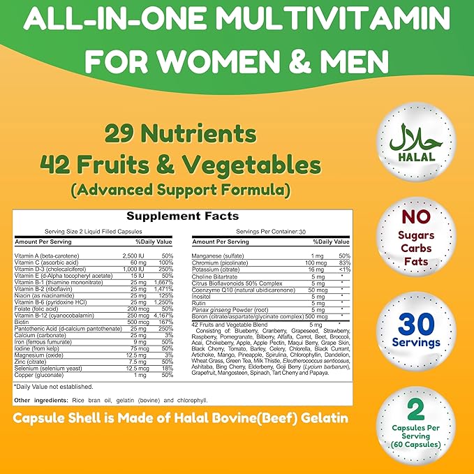 Halal Multivitamins for Women, Men & Adults, 30 Servings | Iron, Vitamin A, B6, B12, Biotin, Niacin, C, D3, E, Zinc, Calcium, Folic Acid, CoQ10 | Halal Vitamins