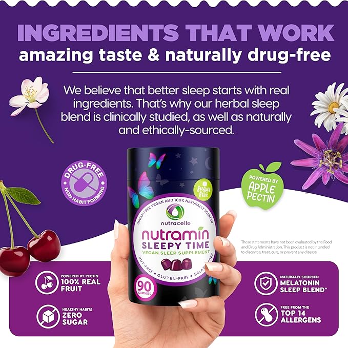 Nutramin Sleepy Time Gummy: The Vegan, Sugar-Free, Natural Melatonin 5mg for Longer Deeper Sleep - No Next-Day Grogginess, Non-Habit Forming Delicious & Drug-Free Allergy-Safe Herbal Sleep Gummies