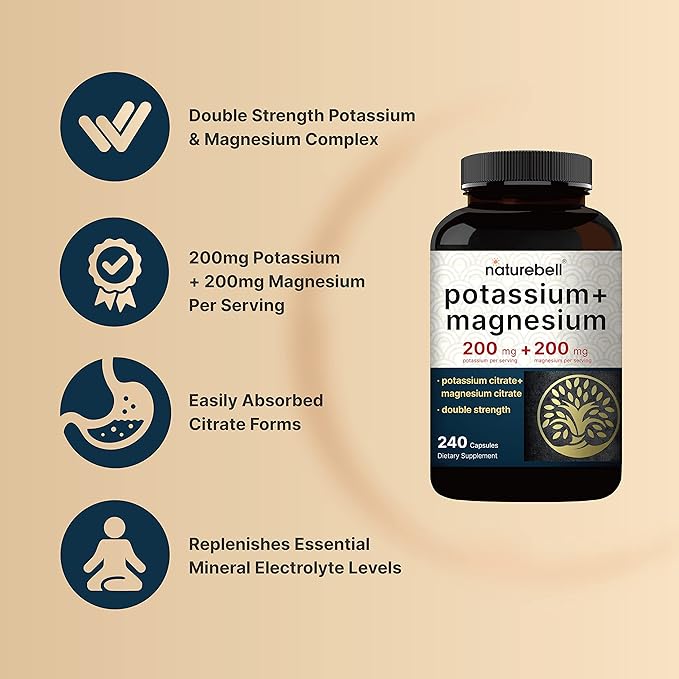 Potassium Magnesium Supplement – Potassium 200 mg + Magnesium 200 mg | 240 Capsules – Easily Absorbed Potassium Citrate & Magnesium Citrate – Muscle, Bone, & Heart Health Support – Non-GMO