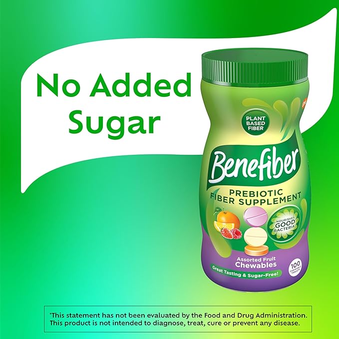 Benefiber Chewable Prebiotic Fiber Supplement Tablets for Digestive Health, Assorted Fruit Flavors - 100 Count