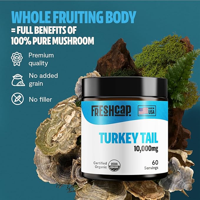 FreshCap Turkey Tail Mushroom Powder 10,000mg - Turkey Tail Supplement Mushroom Extract for Immune Support, Ayurveda Nootropic Supplement (60 Servings)