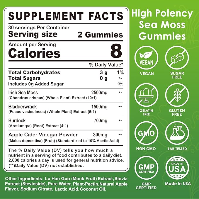 Sea Moss Gummies- Immune & Thyr0id Support, Organic Irish Sea Moss Supplement for Adults & Kids w/Burdock Root, Bladderwrack, Apple Cider Vinegar - Gut, Skin Health, Sugar Free, Vegan, 60Cts