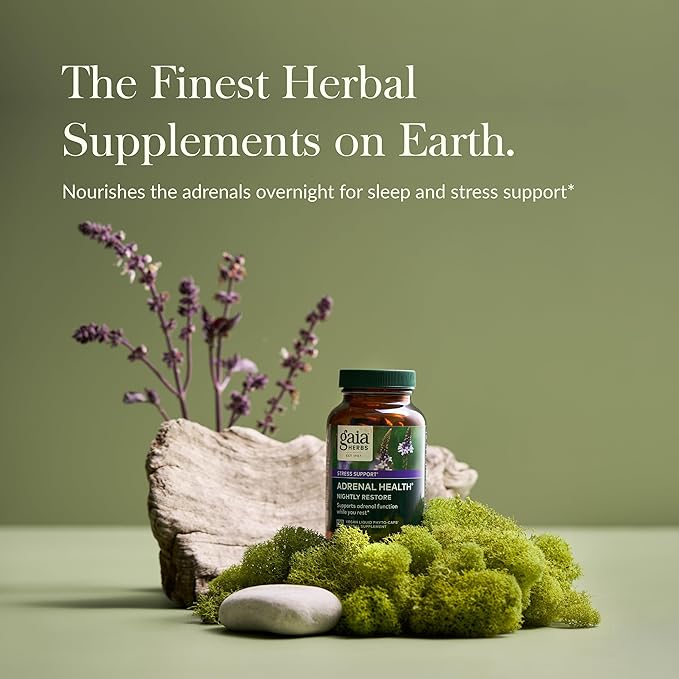 Gaia Herbs Adrenal Health Nightly Restore - Herbal Supplement with Ashwagandha, Magnolia Bark, Cordyceps, Lemon Balm & More - 120 Vegan Liquid Phyto-Capsules (60 Servings)