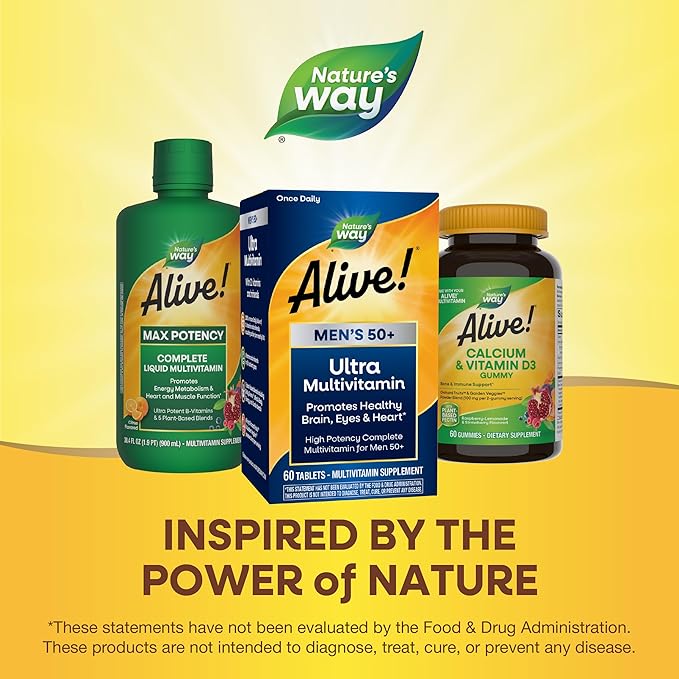Nature's Way Alive! Men’s 50+ Daily Ultra Multivitamin, High Potency Formula, Supports Healthy Brain, Eyes & Heart*, with Methylated B12, Gluten-Free, 60 Tablets (Packaging May Vary)