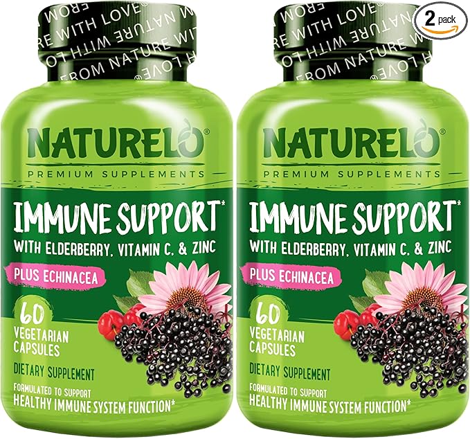 NATURELO Immune Support – Vitamin C, Elderberry, Zinc, Echinacea – Natural Immunity Boost w/Antioxidant, Herbal & Mineral Defense - Twin Pack - 120 Vegan Capsules