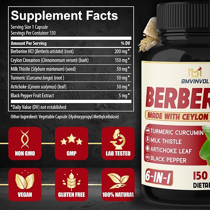 2 Pack Berberine HCl- Plus Ceylon Cinnamon, Turmeric, Milk Thistle, Artichoke, Black Pepper, Berberine HCI Root Supplements Pills - Immune System