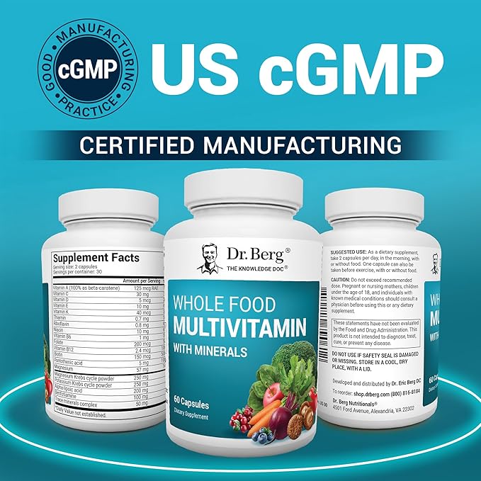 Dr. Berg Whole Food Multivitamin with Minerals - Daily Multivitamin for Men and Women - Includes Premium Whole Food Fruits and Vegetable Blend with Folate, Alpha-lipoic Acid and More - 60 Capsules