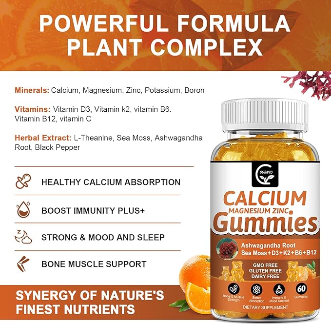 1200mg Calcium Gummies with Vitamin D3,K2,B12 & B6 - Plant Complex Calcium Magnesium Supplement with Glycinate,Potassium,Sea Moss,Ashwagandha Root for Bone & Teeth Strength, Muscle & Immune-2 Pack