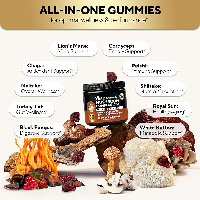 Mushroom Gummies for Adults - USA Made 10 in 1 Mushroom Supplement - Mushroom Complex with Lions Mane, Cordyceps, Turkey Tail, Reishi, Shiitake for Cognitive & Immune Support - 60 Count